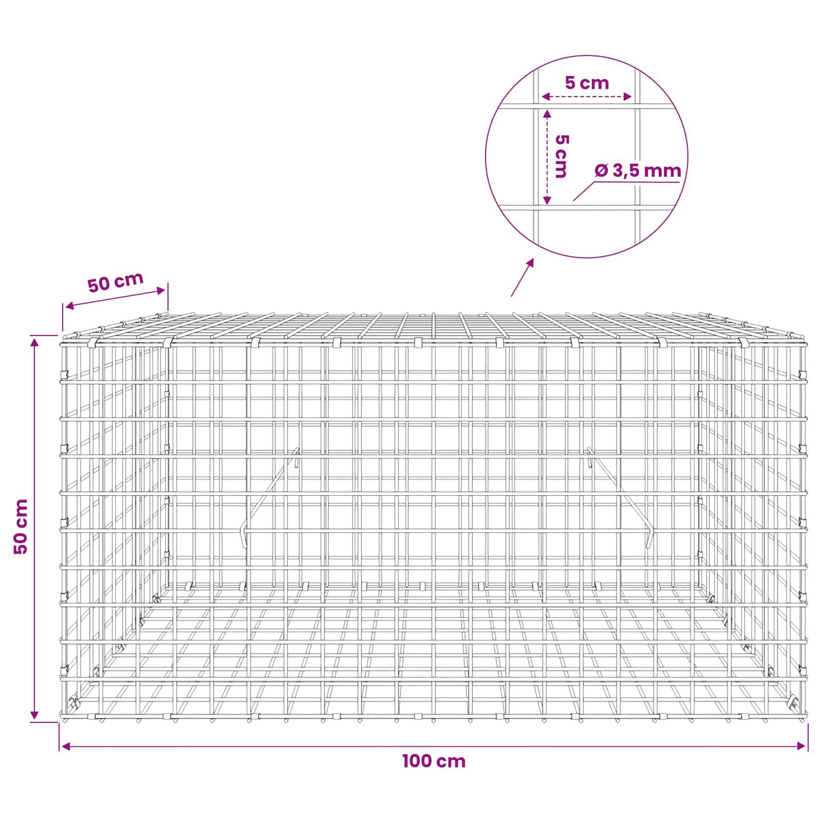 vidaXL Gabion z drutu 3,5 mm i siatką 5x5 cm 100x50x50 cm