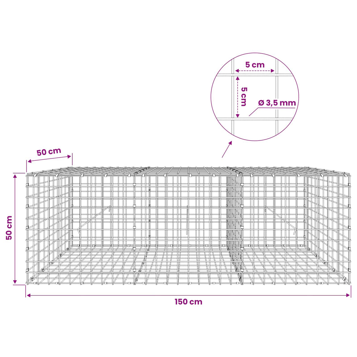 vidaXL Gabion z drutu 3,5 mm i siatką 5x5 cm 150x50x50 cm