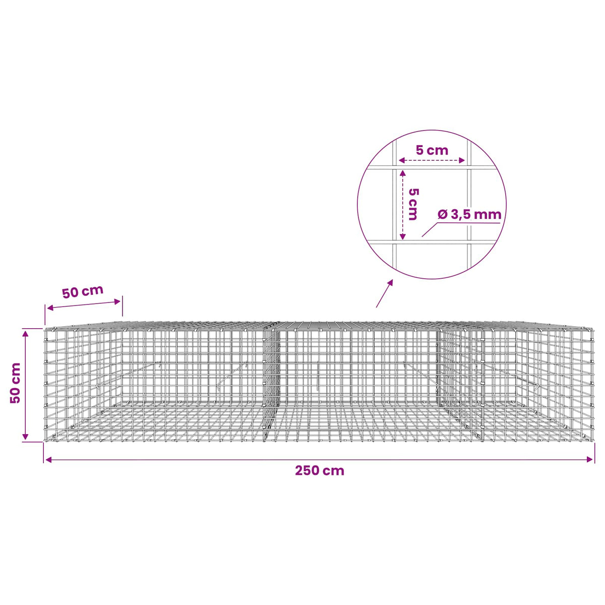 vidaXL Gabion z drutu 3,5 mm i siatką 5x5 cm 250x50x50 cm