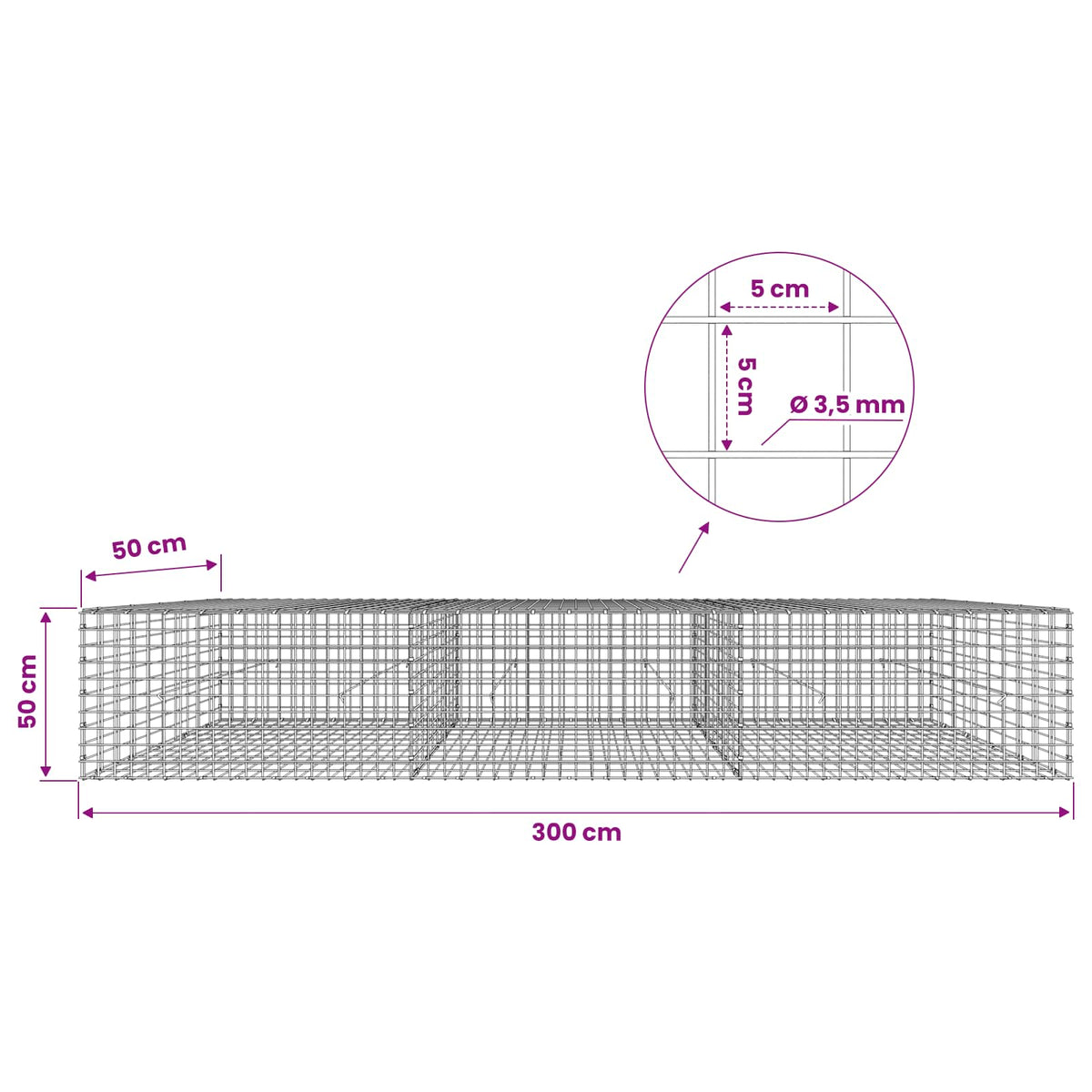 vidaXL Gabion z drutu 3,5 mm i siatką 5x5 cm 300x50x50 cm
