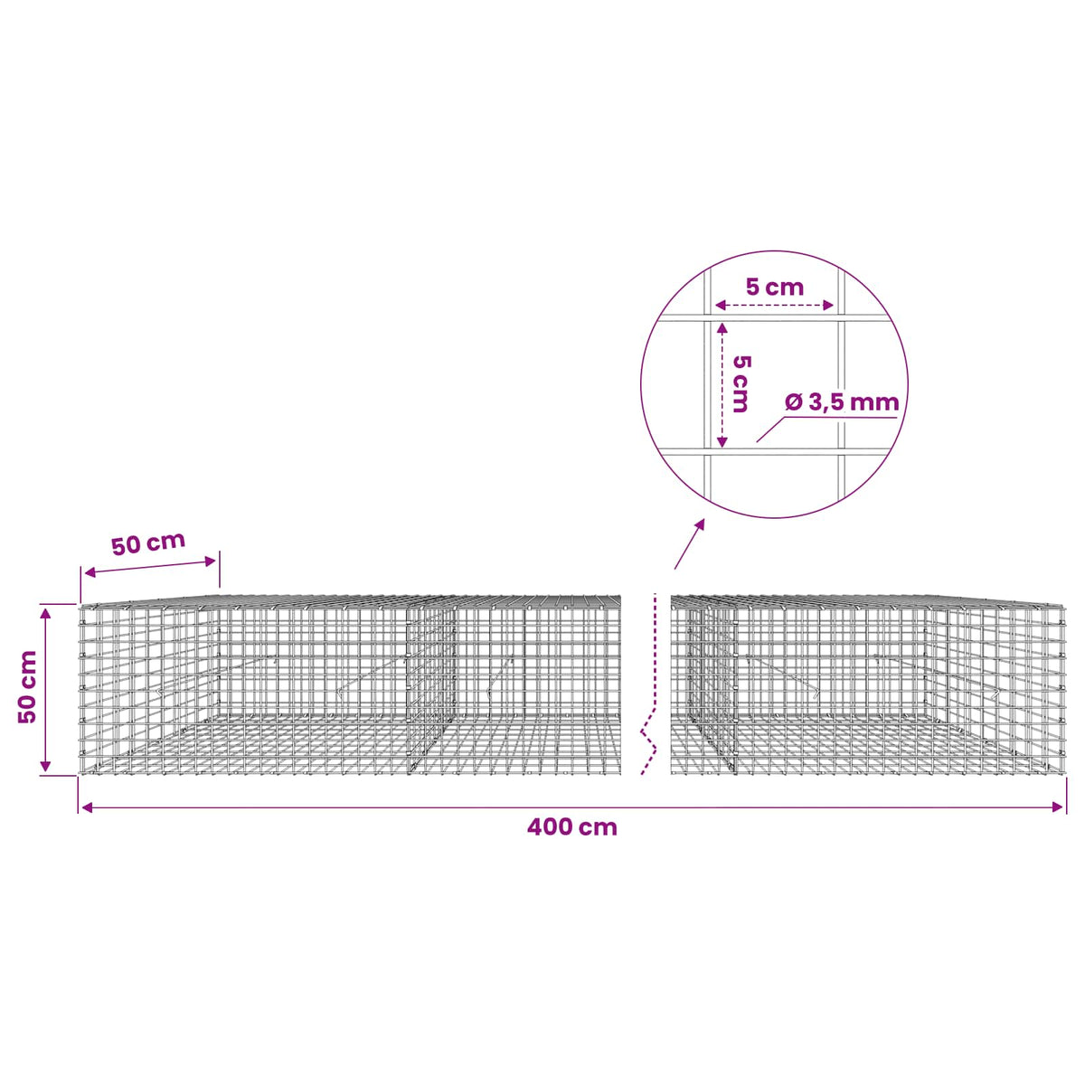 vidaXL Gabion z drutu 3,5 mm i siatką 5x5 cm 400x50x50 cm