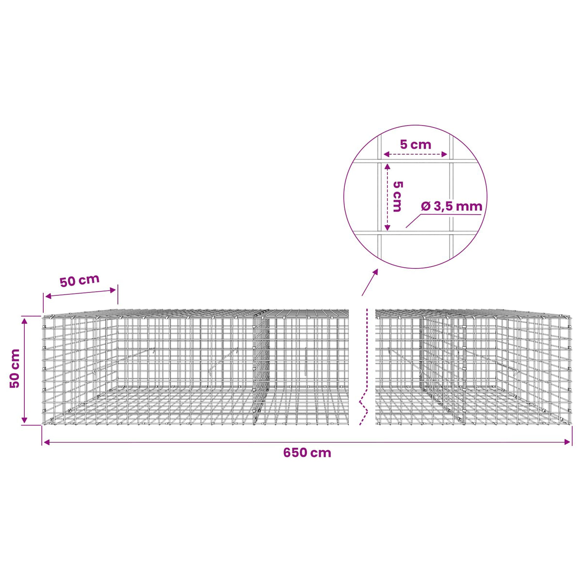 vidaXL Gabion z drutu 3,5 mm i siatką 5x5 cm 650x50x50 cm