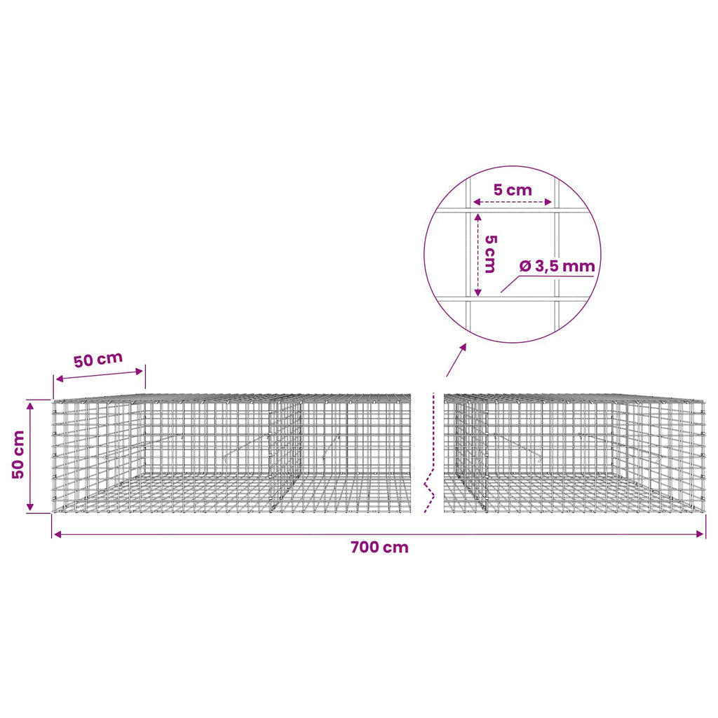 vidaXL Gabion z drutu 3,5 mm i siatką 5x5 cm 700x50x50 cm
