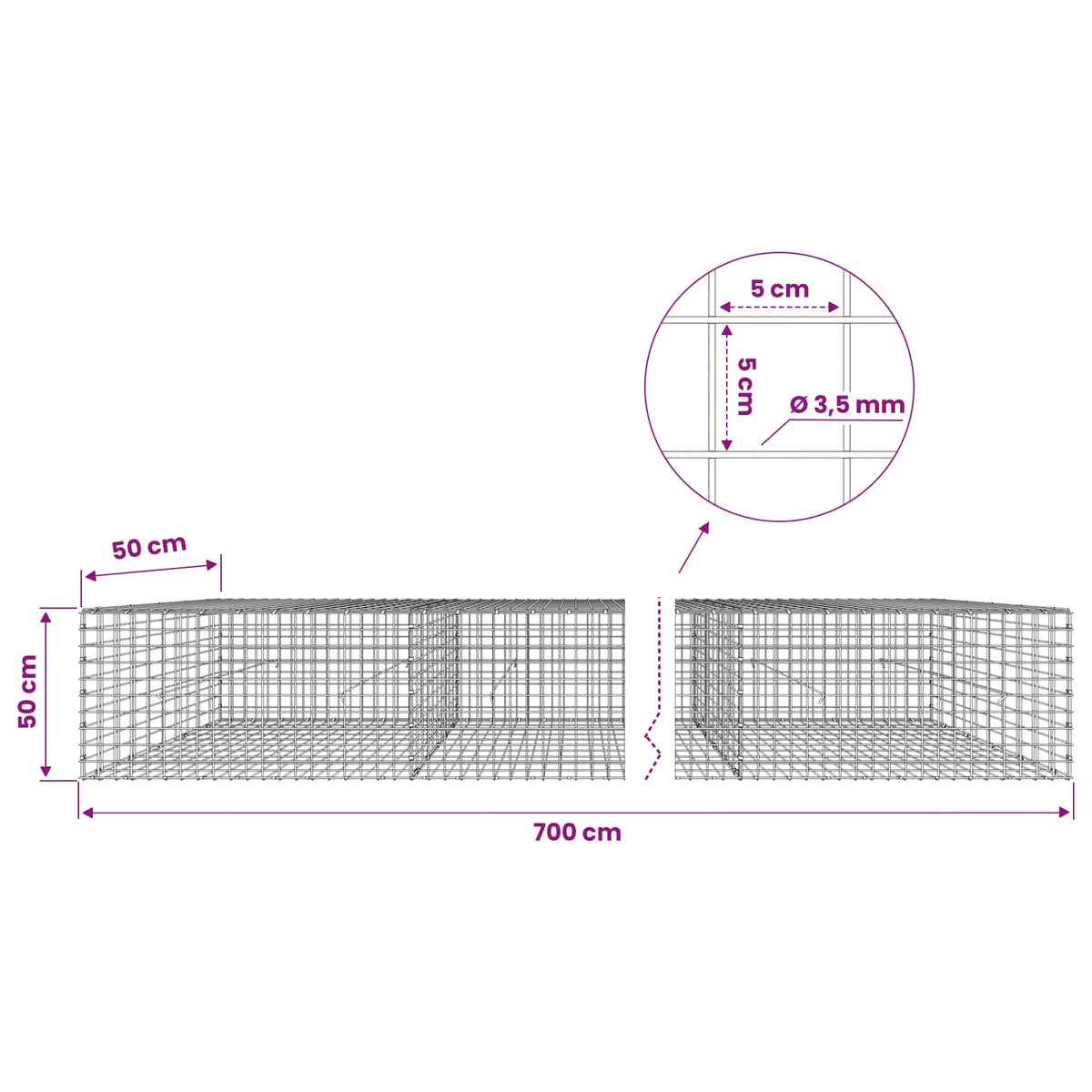 vidaXL Gabion z drutu 3,5 mm i siatką 5x5 cm 700x50x50 cm