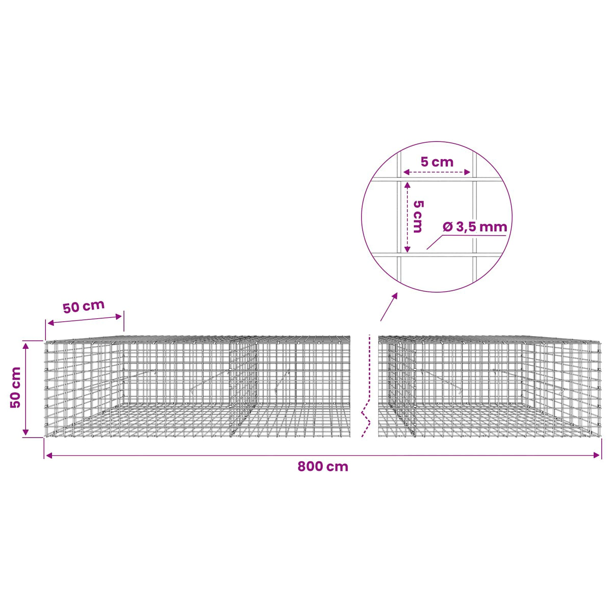 vidaXL Gabion z drutu 3,5 mm i siatką 5x5 cm 800x50x50 cm