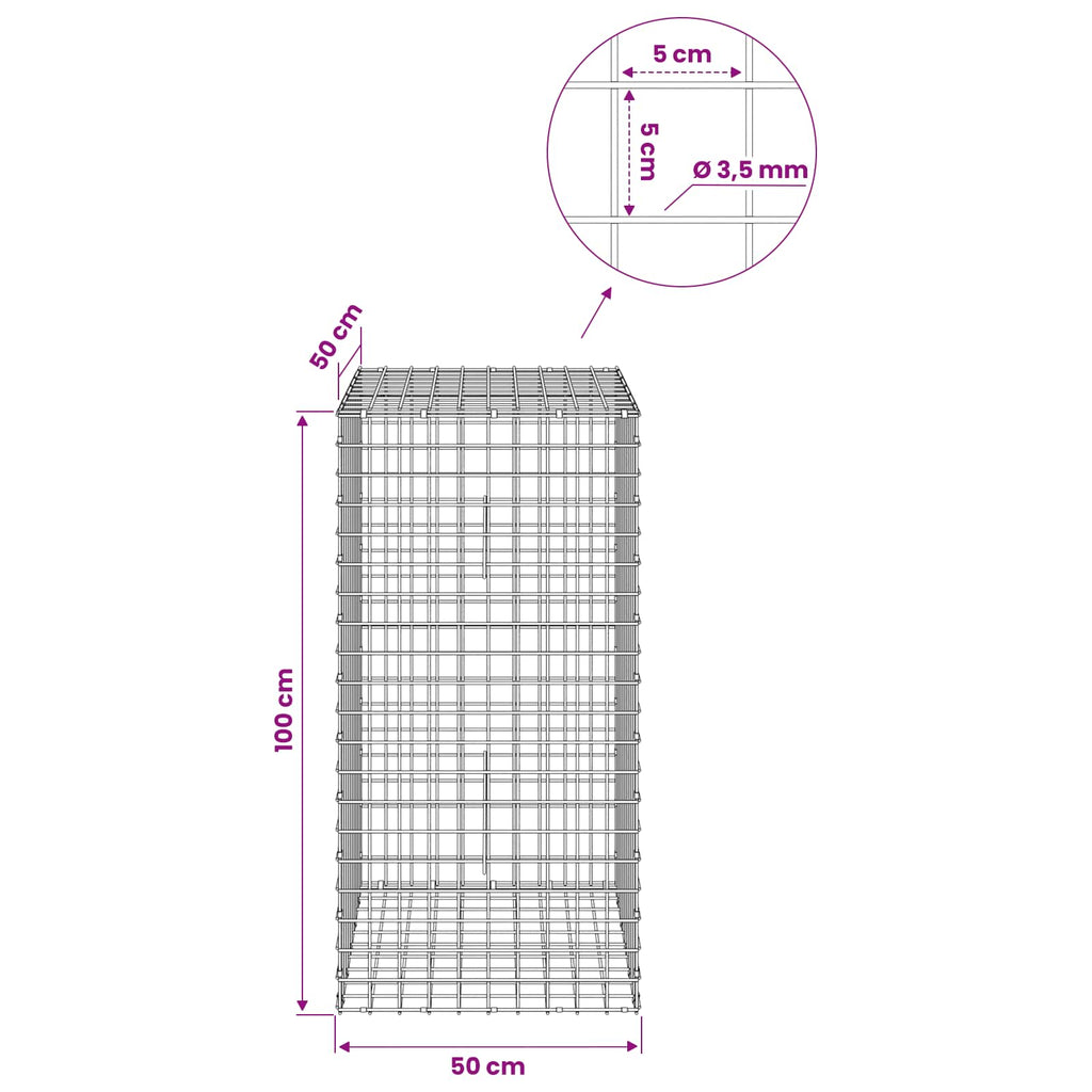 vidaXL Gabion z drutu 3,5 mm i siatką 5x5 cm 50x50x100 cm