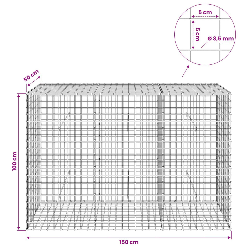 vidaXL Gabion z drutu 3,5 mm i siatką 5x5 cm 150x50x100 cm
