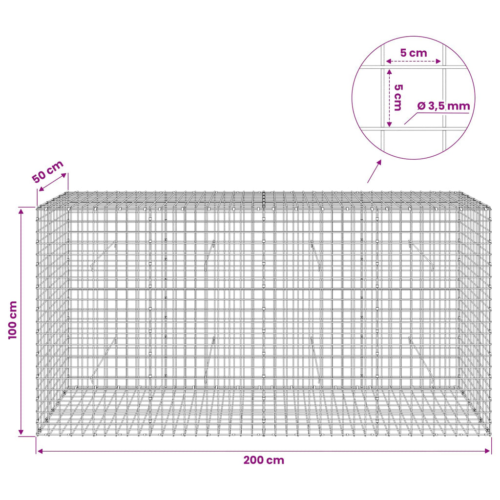 vidaXL Gabion z drutu 3,5 mm i siatką 5x5 cm 200x50x100 cm