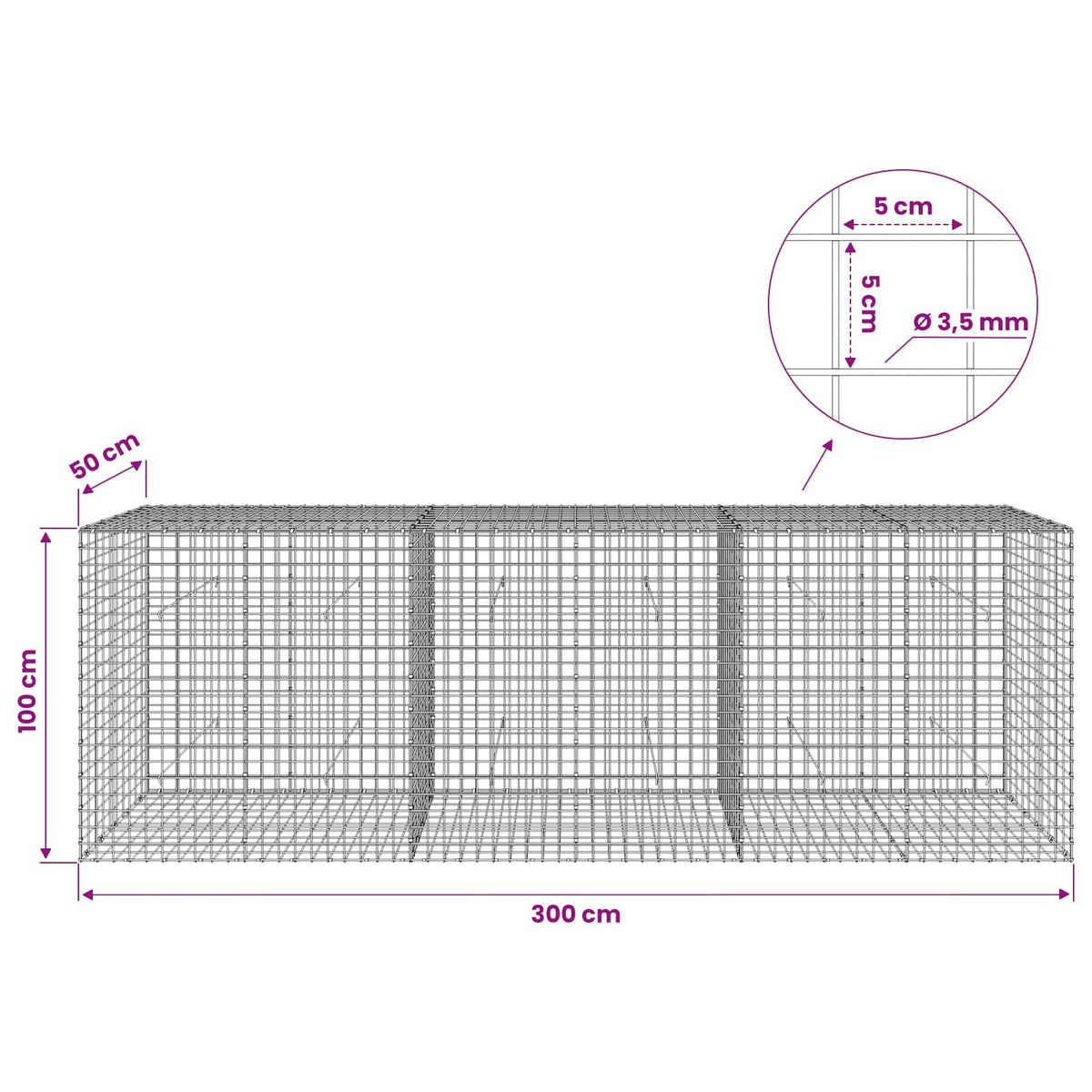 vidaXL Gabion z drutu 3,5 mm i siatką 5x5 cm 300x50x100 cm
