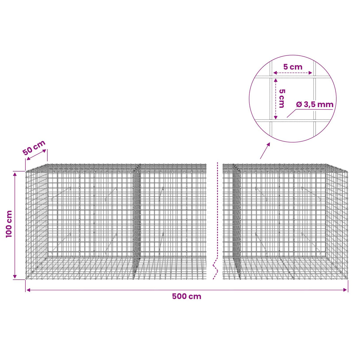 vidaXL Gabion z drutu 3,5 mm i siatką 5x5 cm 500x50x100 cm