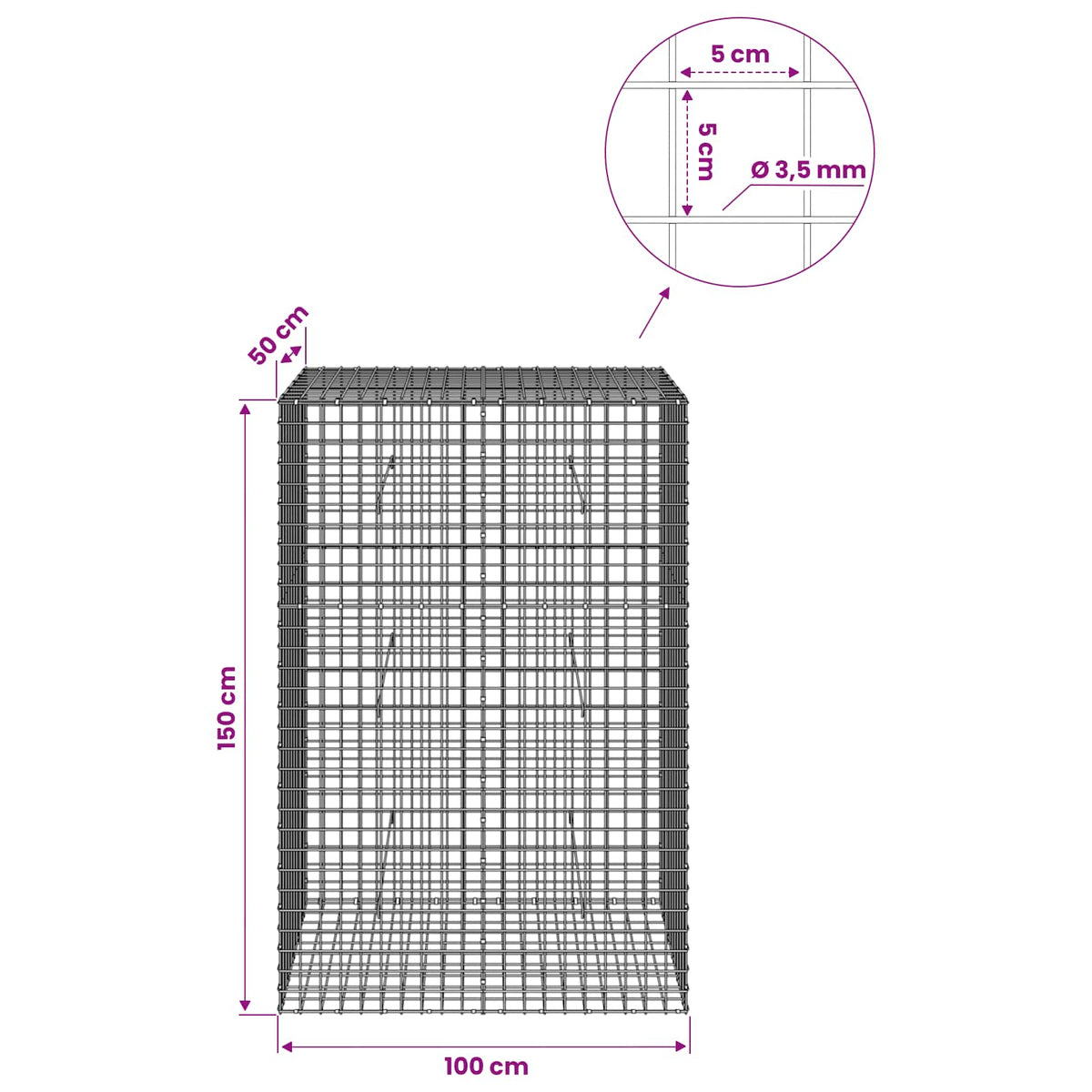 vidaXL Gabion z drutu 3,5 mm i siatką 5x5 cm 100x50x150 cm