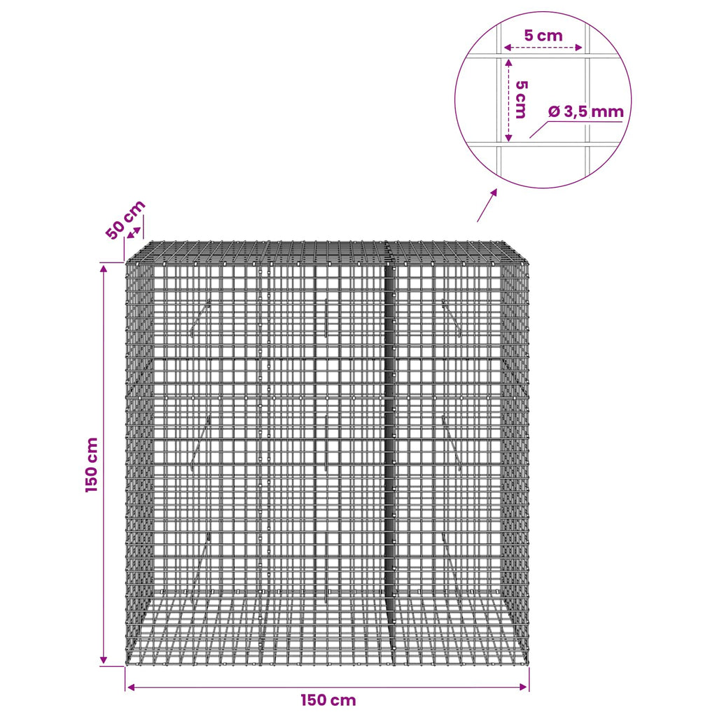 vidaXL Gabion z drutu 3,5 mm i siatką 5x5 cm 150x50x150 cm