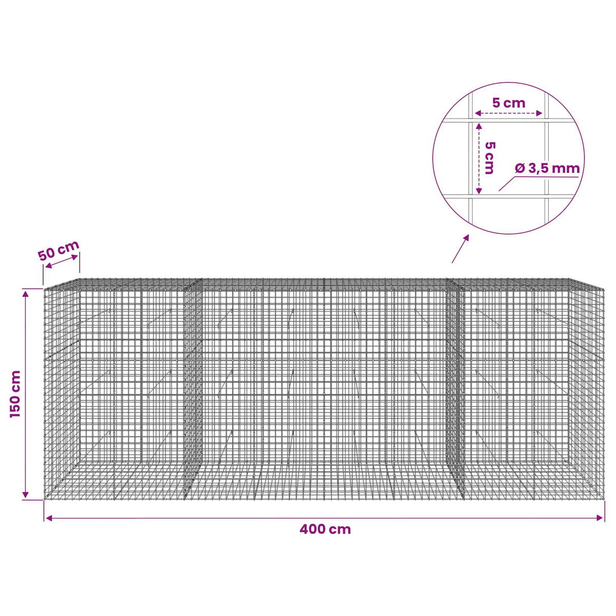 vidaXL Gabion z drutu 3,5 mm i siatką 5x5 cm 400x50x150 cm