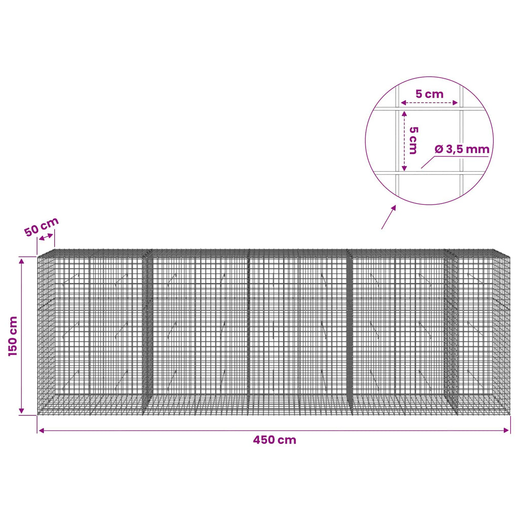 vidaXL Gabion z drutu 3,5 mm i siatką 5x5 cm 450x50x150 cm