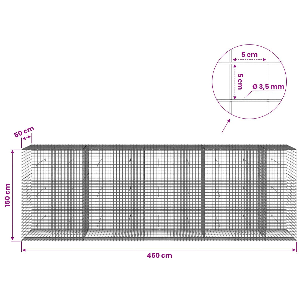 vidaXL Gabion z drutu 3,5 mm i siatką 5x5 cm 450x50x150 cm