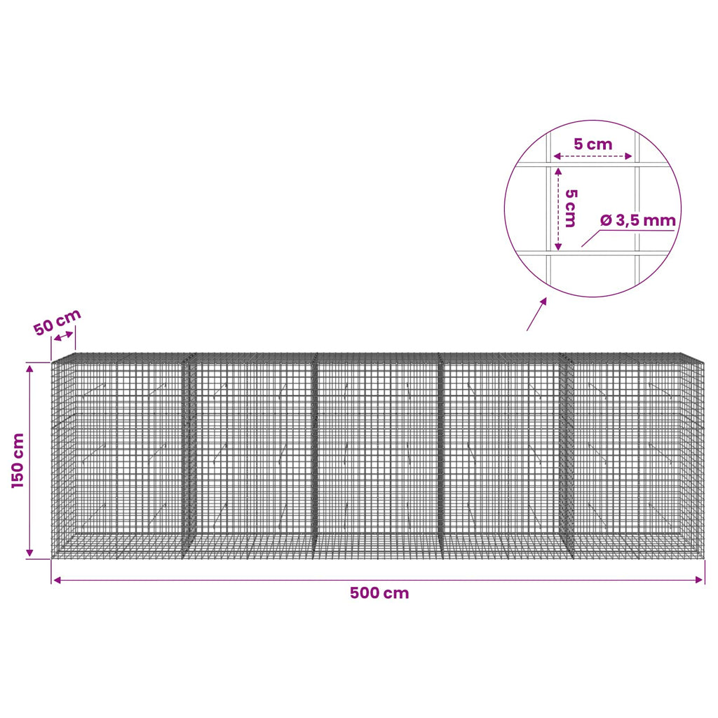 vidaXL Gabion z drutu 3,5 mm i siatką 5x5 cm 500x50x150 cm