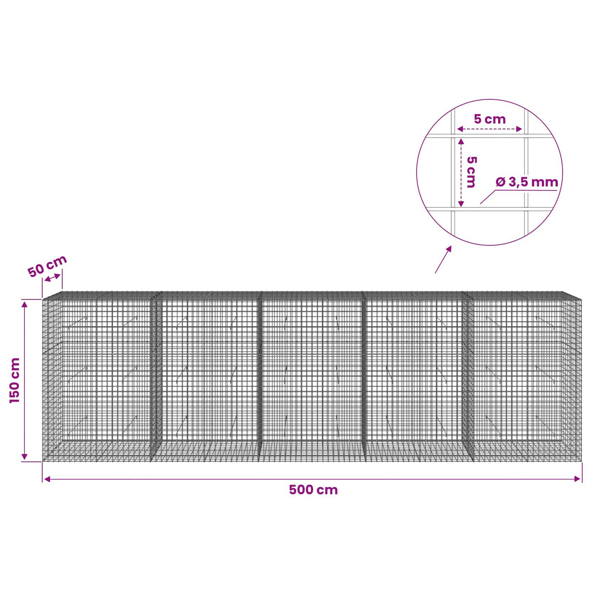 vidaXL Gabion z drutu 3,5 mm i siatką 5x5 cm 500x50x150 cm