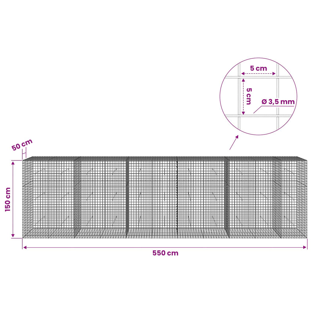vidaXL Gabion z drutu 3,5 mm i siatką 5x5 cm 550x50x150 cm