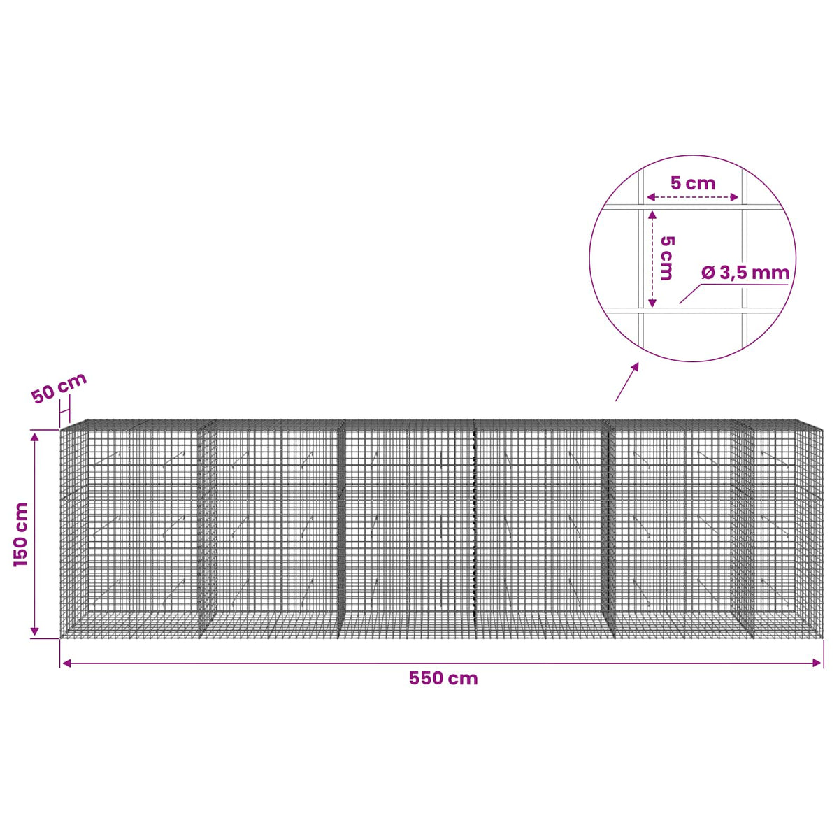 vidaXL Gabion z drutu 3,5 mm i siatką 5x5 cm 550x50x150 cm