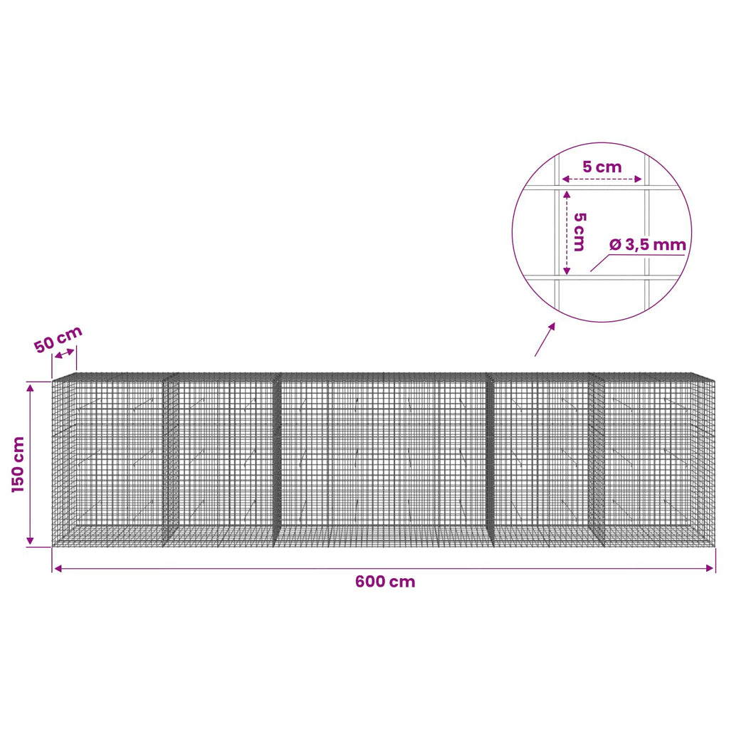 vidaXL Gabion z drutu 3,5 mm i siatką 5x5 cm 600x50x150 cm