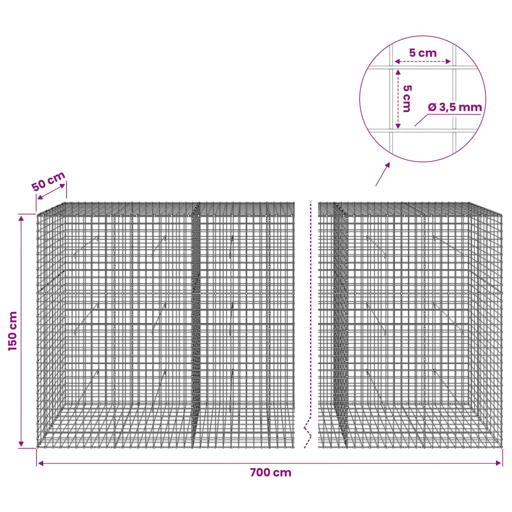vidaXL Gabion z drutu 3,5 mm i siatką 5x5 cm 700x50x150 cm