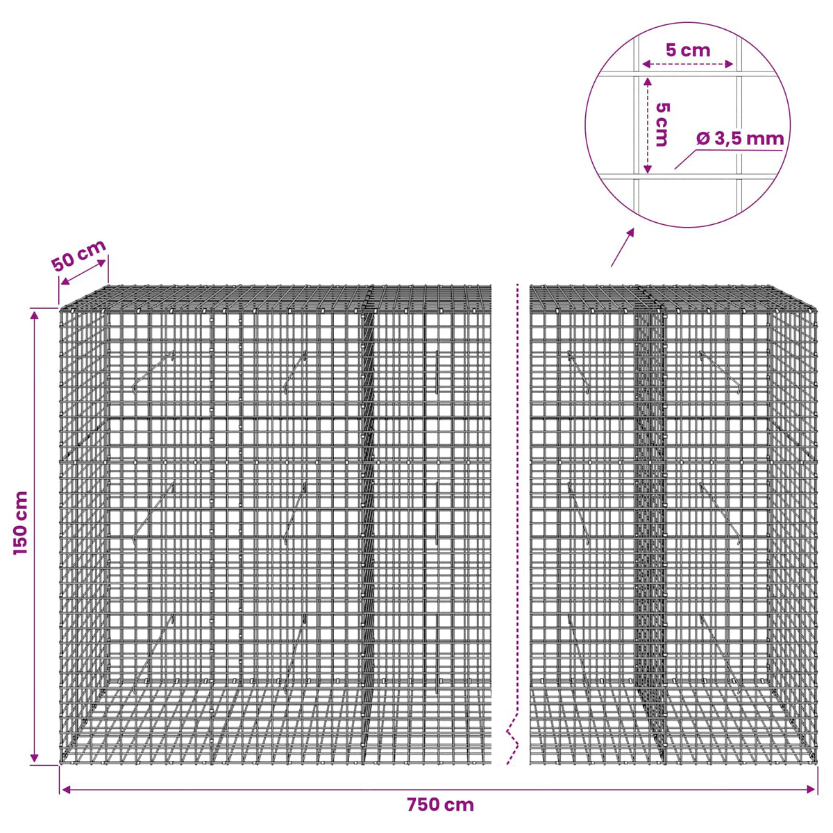 vidaXL Gabion z drutu 3,5 mm i siatką 5x5 cm 750x50x150 cm