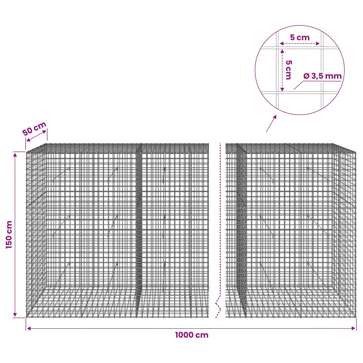 vidaXL Gabion z drutu 3,5 mm i siatką 5x5 cm 1000x50x150 cm