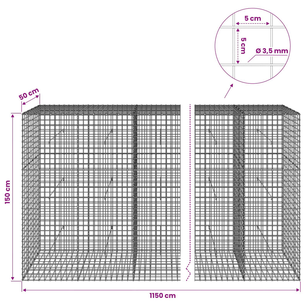 vidaXL Gabion z drutu 3,5 mm i siatką 5x5 cm 1150x50x150 cm
