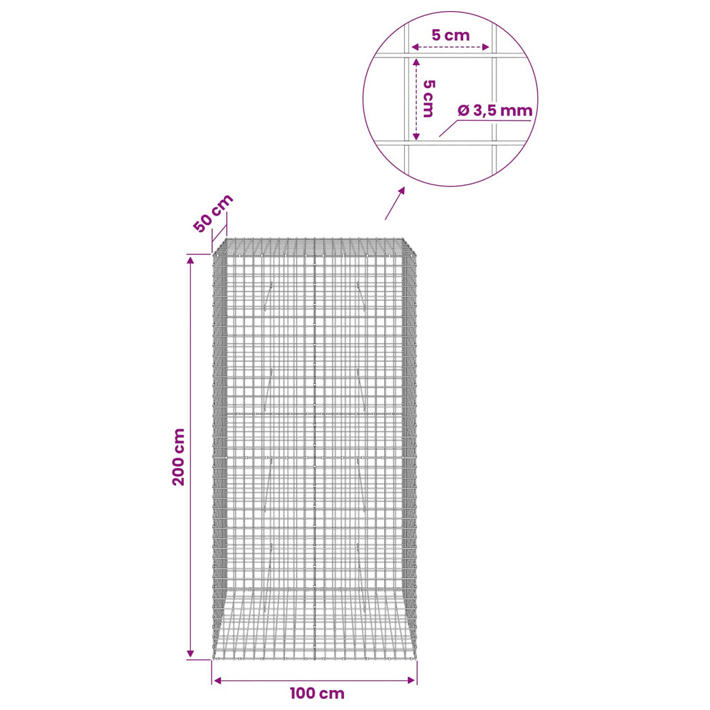 vidaXL Gabion z drutu 3,5 mm i siatką 5x5 cm 100x50x200 cm