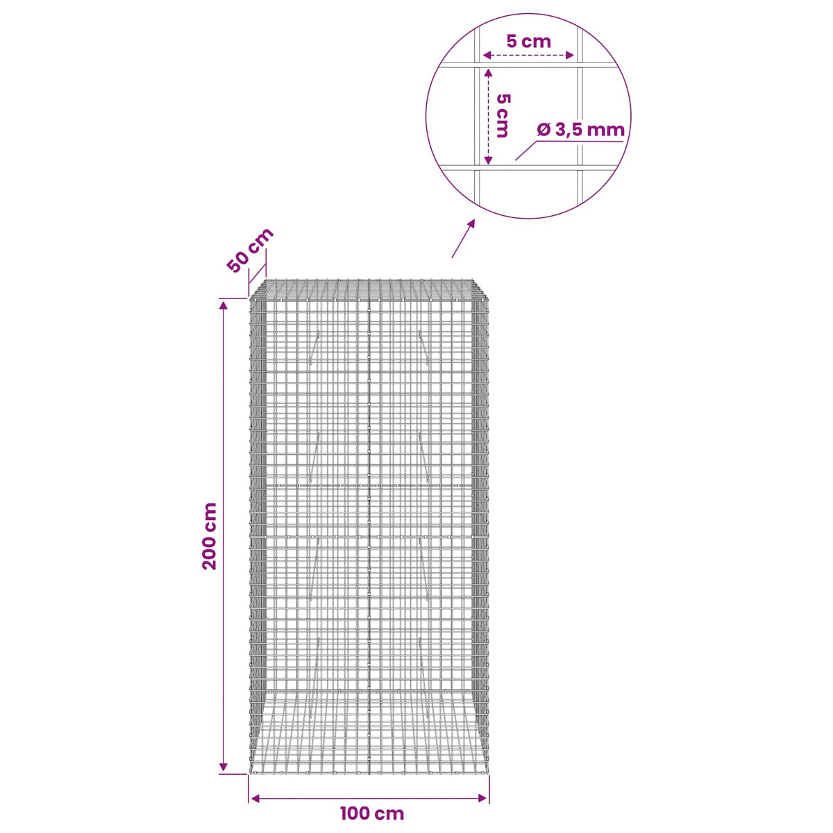 vidaXL Gabion z drutu 3,5 mm i siatką 5x5 cm 100x50x200 cm