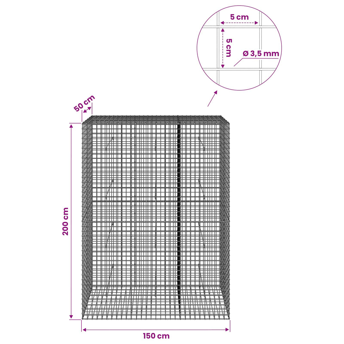 vidaXL Gabion z drutu 3,5 mm i siatką 5x5 cm 150x50x200 cm