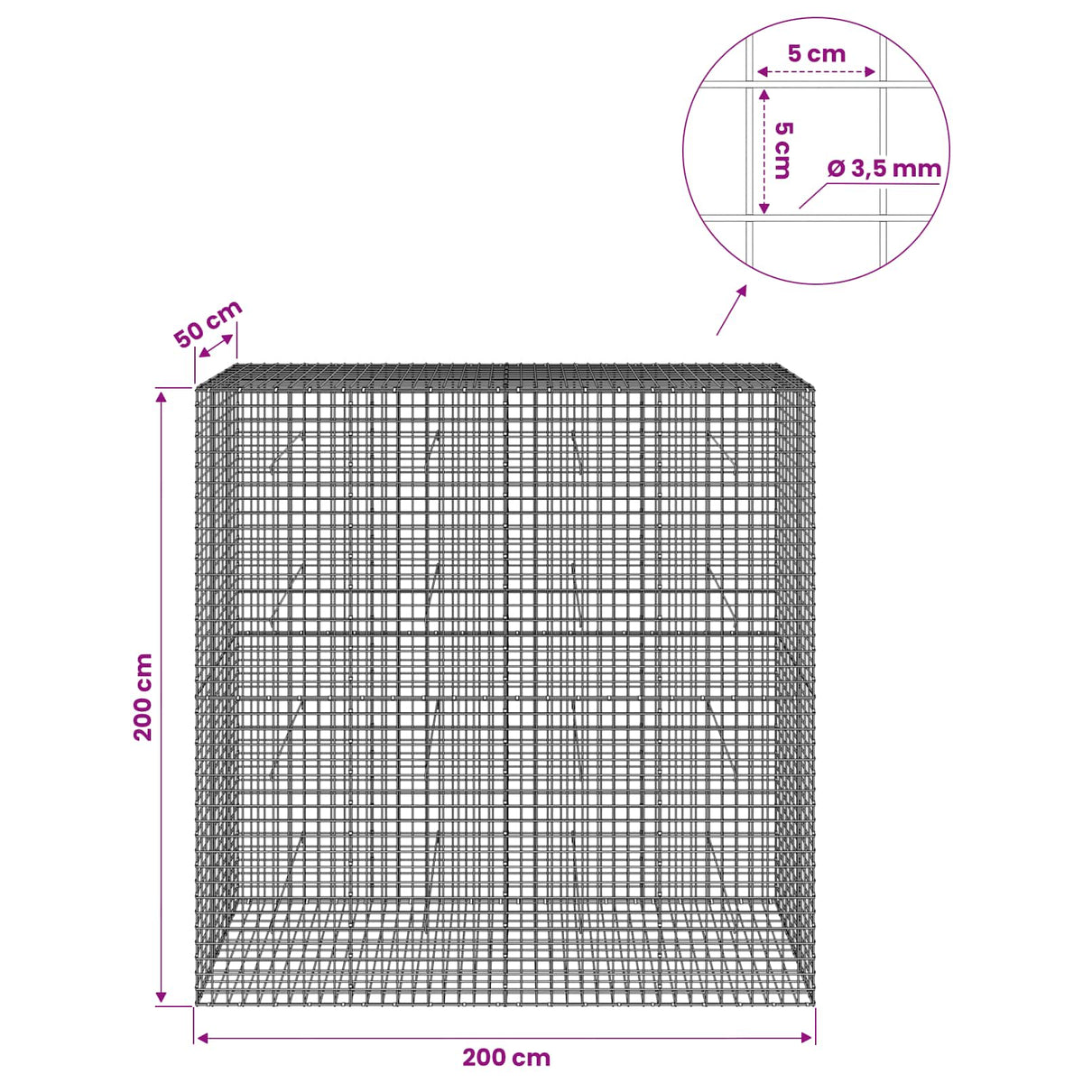 vidaXL Gabion z drutu 3,5 mm i siatką 5x5 cm 200x50x200 cm