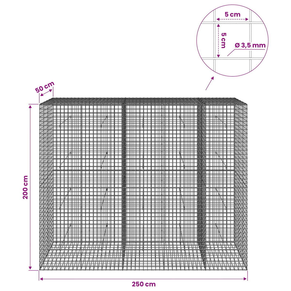 vidaXL Gabion z drutu 3,5 mm i siatką 5x5 cm 250x50x200 cm