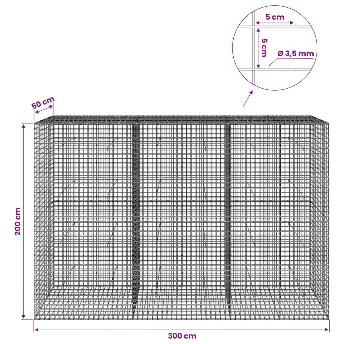 vidaXL Gabion z drutu 3,5 mm i siatką 5x5 cm 300x50x200 cm