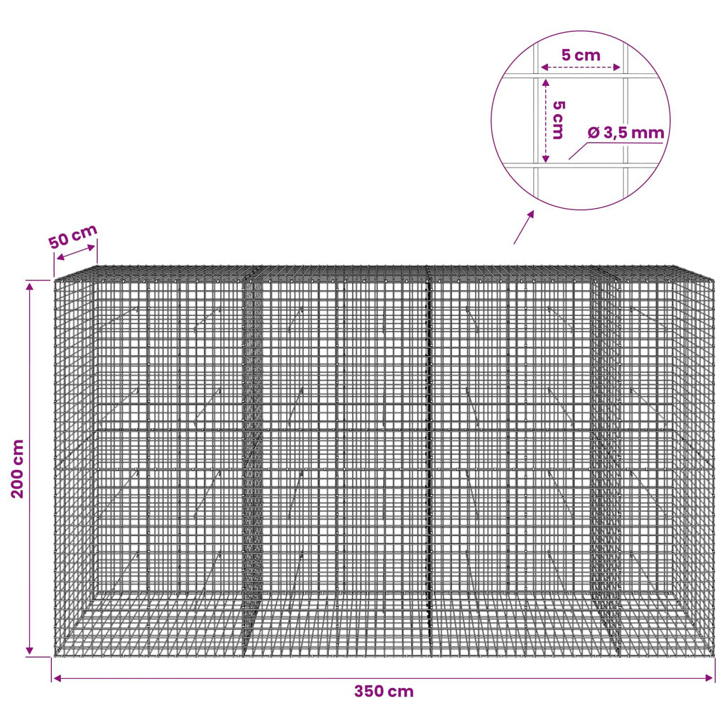 vidaXL Gabion z drutu 3,5 mm i siatką 5x5 cm 350x50x200 cm