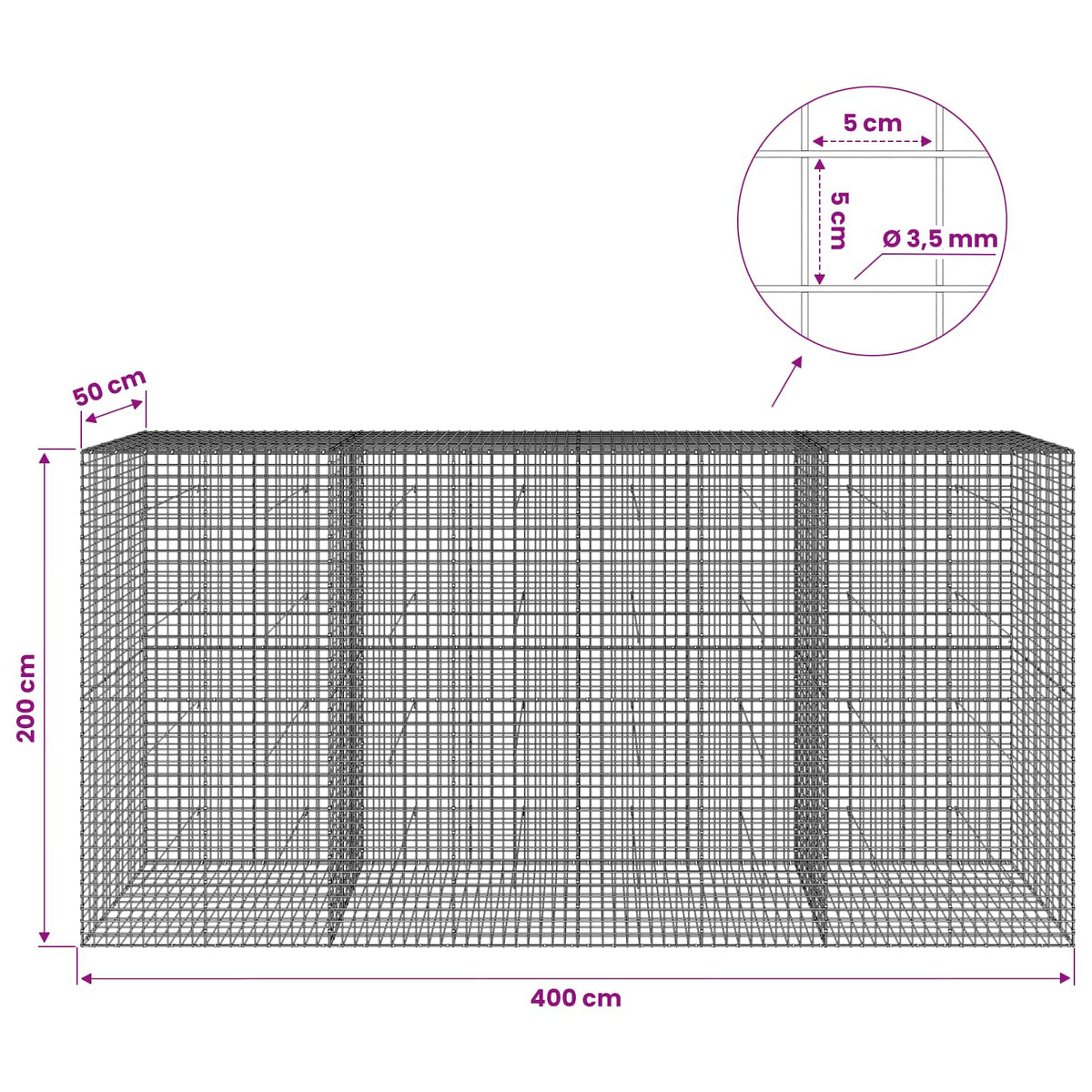 vidaXL Gabion z drutu 3,5 mm i siatką 5x5 cm 400x50x200 cm