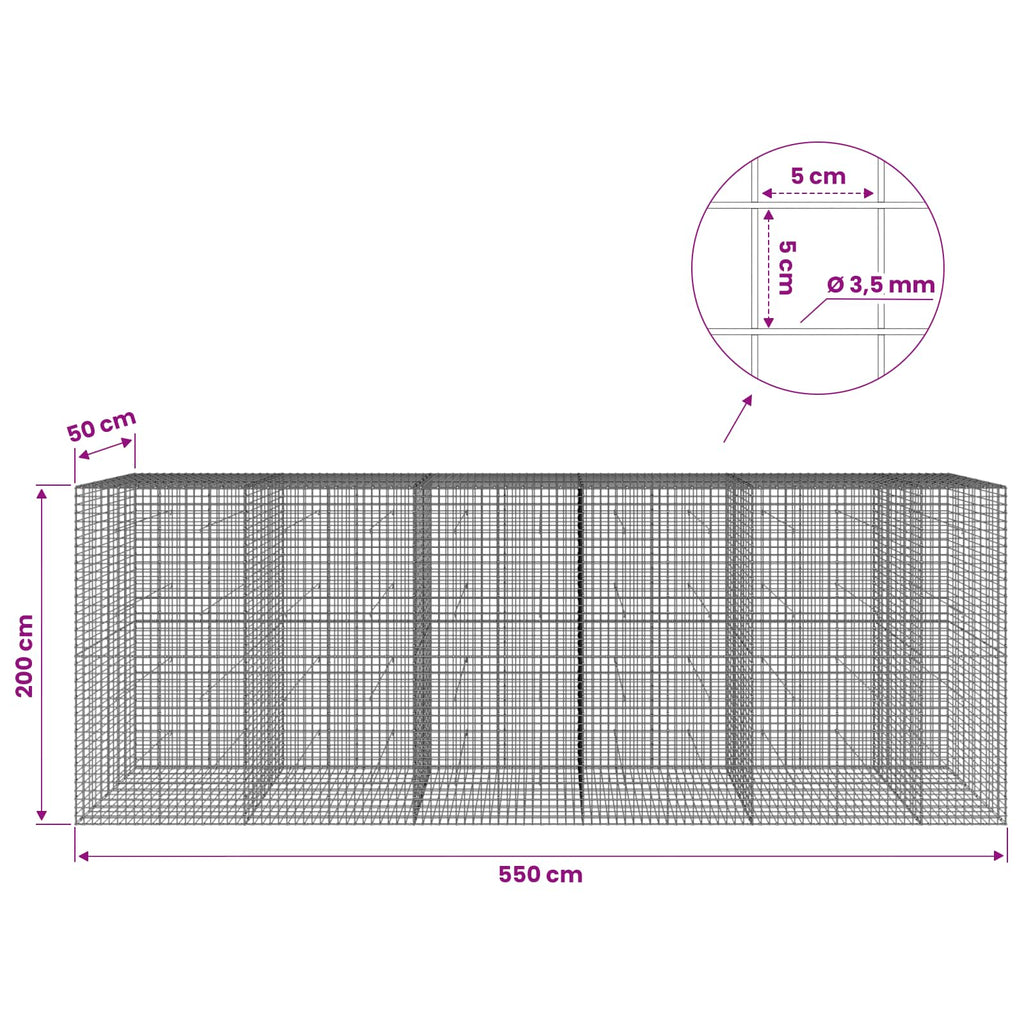 vidaXL Gabion z drutu 3,5 mm i siatką 5x5 cm 550x50x200 cm