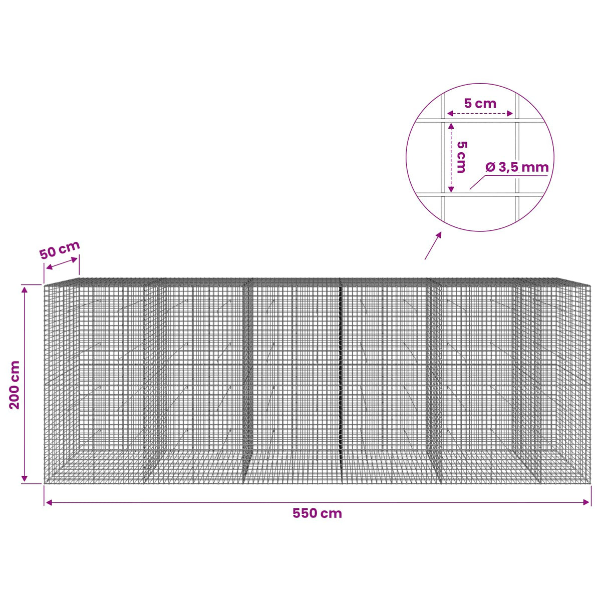 vidaXL Gabion z drutu 3,5 mm i siatką 5x5 cm 550x50x200 cm