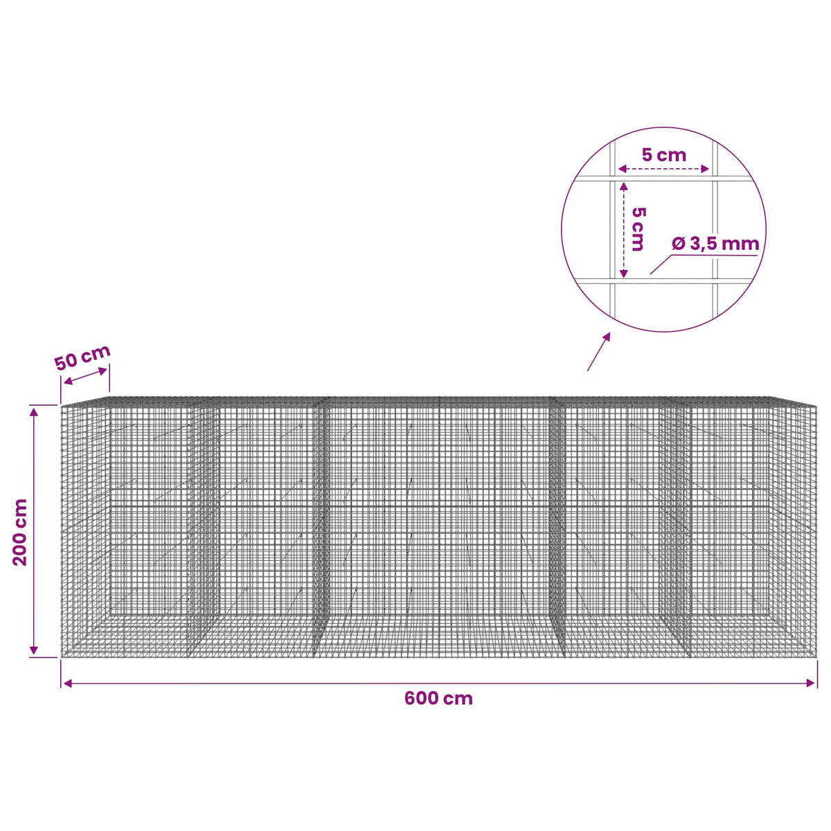 vidaXL Gabion z drutu 3,5 mm i siatką 5x5 cm 600x50x200 cm