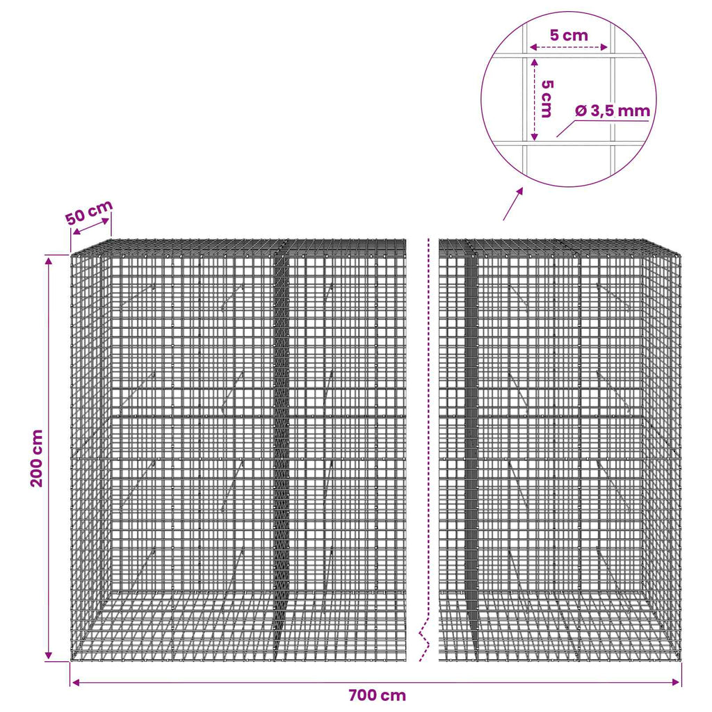vidaXL Gabion z drutu 3,5 mm i siatką 5x5 cm 700x50x200 cm