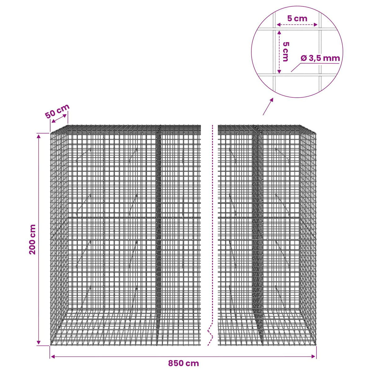 vidaXL Gabion z drutu 3,5 mm i siatką 5x5 cm 850x50x200 cm