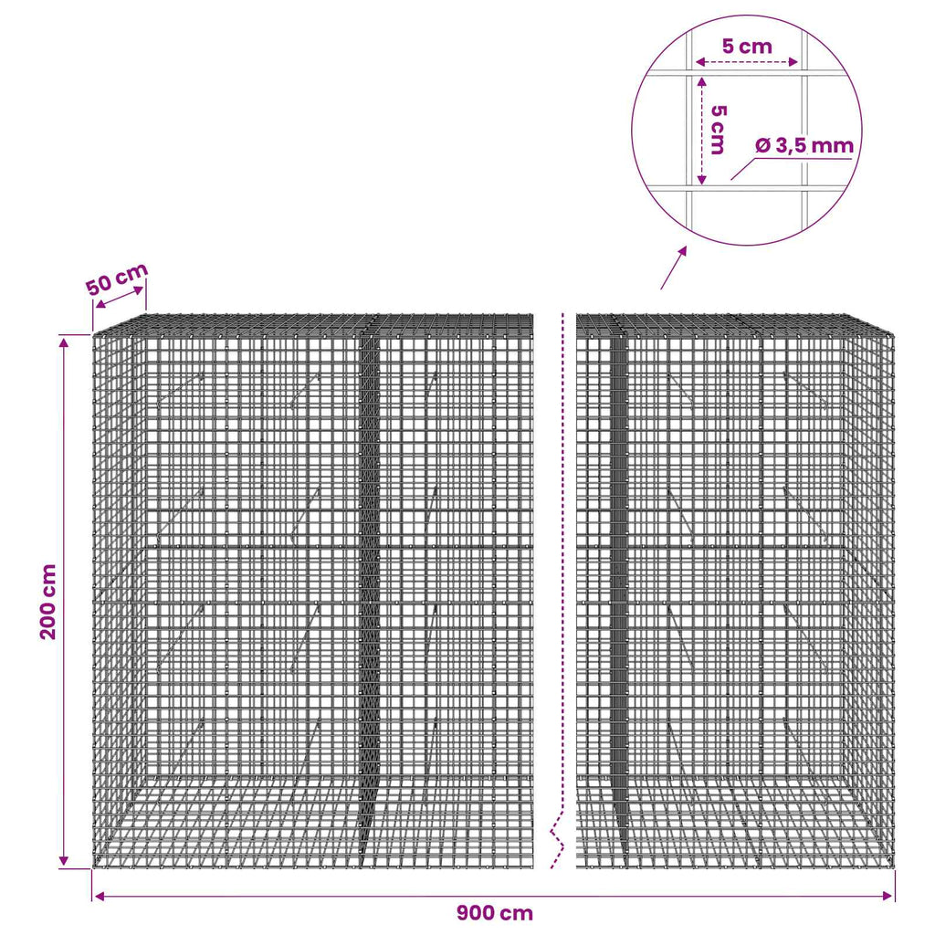 vidaXL Gabion z drutu 3,5 mm i siatką 5x5 cm 900x50x200 cm