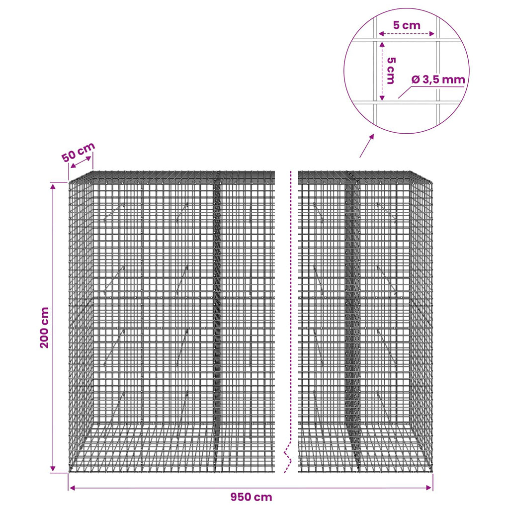 vidaXL Gabion z drutu 3,5 mm i siatką 5x5 cm 950x50x200 cm