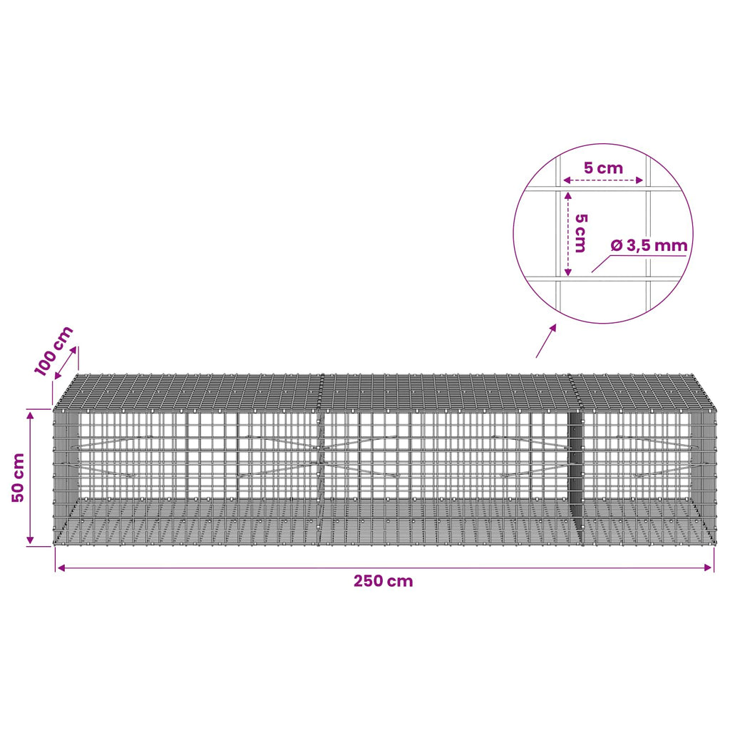vidaXL Gabion z drutu 3,5 mm i siatką 5x5 cm 250x100x50 cm
