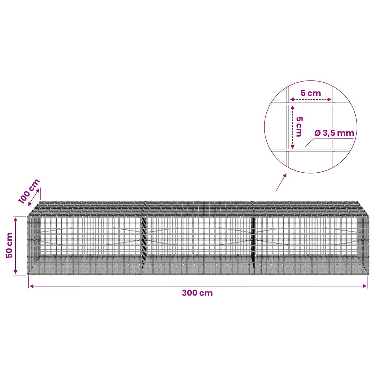 vidaXL Gabion z drutu 3,5 mm i siatką 5x5 cm 300x100x50 cm