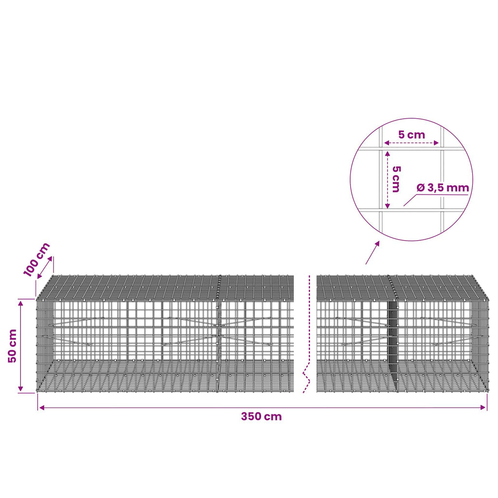 vidaXL Gabion z drutu 3,5 mm i siatką 5x5 cm 350x100x50 cm
