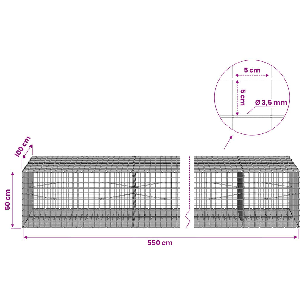 vidaXL Gabion z drutu 3,5 mm i siatką 5x5 cm 550x100x50 cm