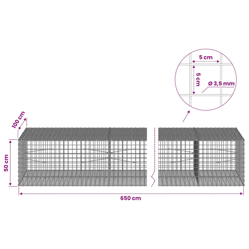 vidaXL Gabion z drutu 3,5 mm i siatką 5x5 cm 650x100x50 cm