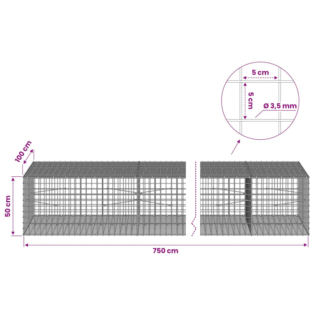 vidaXL Gabion z drutu 3,5 mm i siatką 5x5 cm 750x100x50 cm