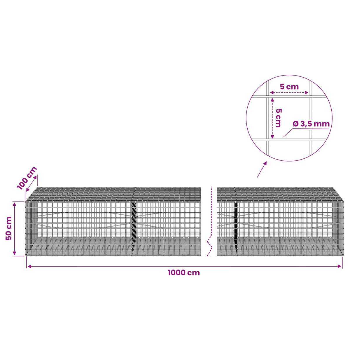 vidaXL Gabion z drutu 3,5 mm i siatką 5x5 cm 1000x100x50 cm